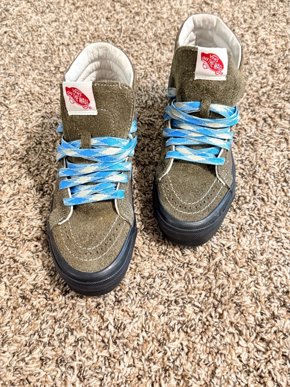 Vans Kids Olive Suede High-Top Sneakers with Blue Patterned Laces